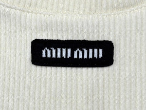 極美品 MIU MIU ミュウミュウ レース 装飾半袖 Tシャツ XS リブニット MJN580 ブランド ロゴ アイボリー コットン 中古 4b007529