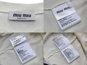 極美品 MIU MIU ミュウミュウ レース 装飾半袖 Tシャツ XS リブニット MJN580 ブランド ロゴ アイボリー コットン 中古 4b007529