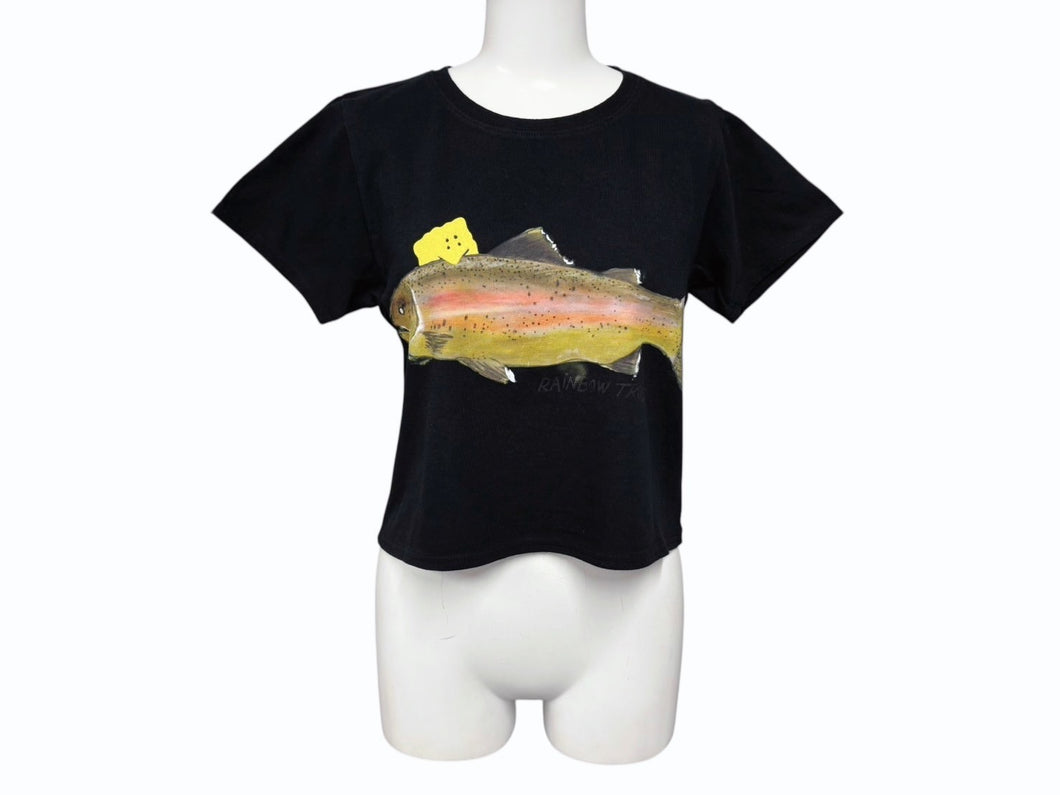新品未使用 KAPITAL キャピタル 20/-天竺 クロップドT(トラウト1匹PECKISH RAINBOWYpt) Tシャツ K2508SC001 ブラック サイズ1 中古 4b007550