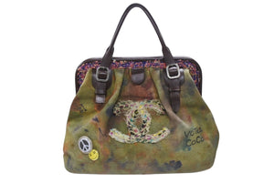 極美品 CHANEL シャネル エンブロイダリー グラフィティ がま口 ハンドバッグ カーキ A92791 アンティークシルバー金具 中古 4b007569
