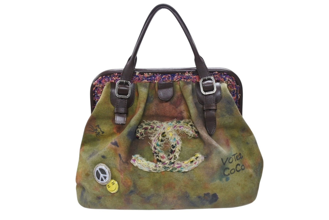 極美品 CHANEL シャネル エンブロイダリー グラフィティ がま口 ハンドバッグ カーキ A92791 アンティークシルバー金具 中古 4b007569