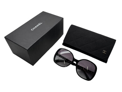 極美品 CHANEL シャネル サングラス サイドチェーン ココマーク 570-Q-A アセテート ブラック ゴールド金具 中古 4b007579