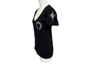 極美品 CHROME HEARTS クロムハーツ V字ネック 半袖Ｔシャツ ホースシュー U.S.A製 コットン ブラック ホワイト サイズS 中古 4b007600