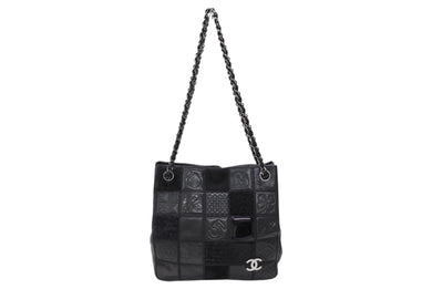 極美品 CHANEL シャネル トートバッグ チョコバー アイコン 10番台 レザー 異素材MIX ブラック シルバー金具 中古 4b007619
