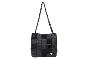 極美品 CHANEL シャネル トートバッグ チョコバー アイコン 10番台 レザー 異素材MIX ブラック シルバー金具 中古 4b007619