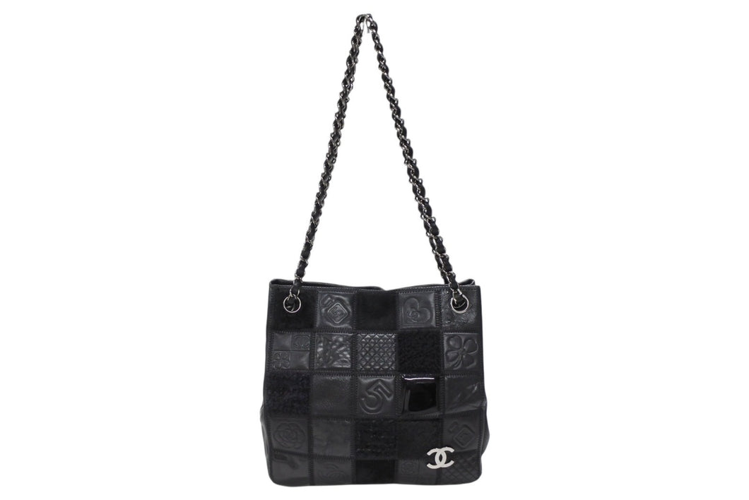 極美品 CHANEL シャネル トートバッグ チョコバー アイコン 10番台 レザー 異素材MIX ブラック シルバー金具 中古 4b007619
