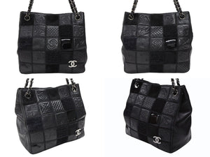 極美品 CHANEL シャネル トートバッグ チョコバー アイコン 10番台 レザー 異素材MIX ブラック シルバー金具 中古 4b007619