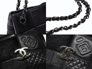 極美品 CHANEL シャネル トートバッグ チョコバー アイコン 10番台 レザー 異素材MIX ブラック シルバー金具 中古 4b007619