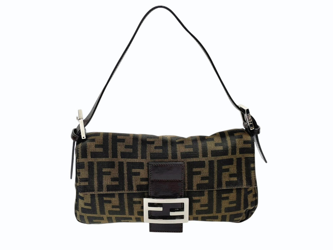 FENDI フェンディ マンマバケット ワンショルダーバッグ ズッカ柄 キャンバス レザー ブラウン シルバー金具 美品 中古 4b007622