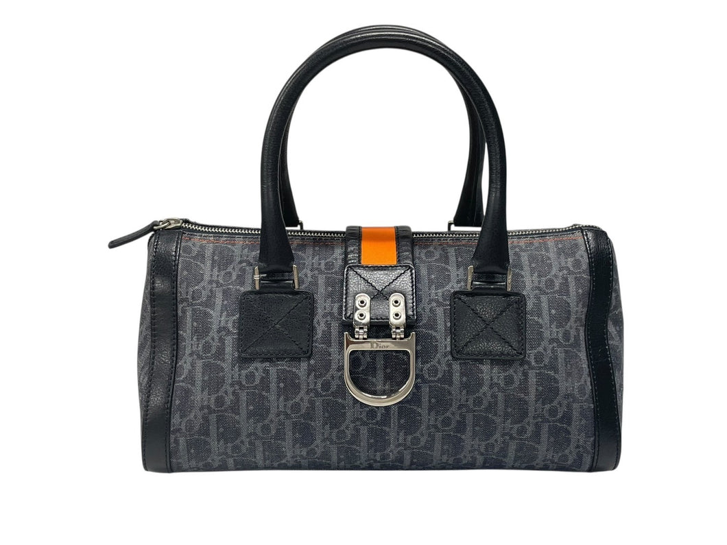 極美品 CHRISTIAN DIOR クリスチャンディオール トロッターライン ハンドバッグ 02-B0-1015 ネイビー オレンジ シルバー金具 中古 4b007623