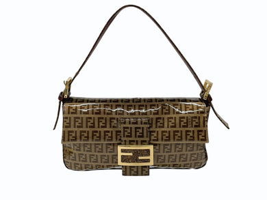 極美品 FENDI フェンディ ズッキーノ柄 マンマバケット ワンショルダーバッグ エナメル レザー ブラウン ベージュ ゴールド金具 中古 4b007627