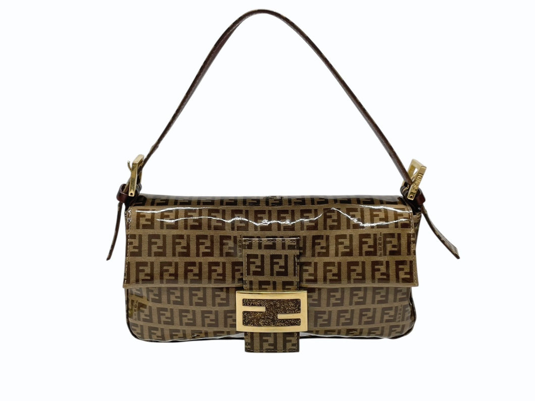 極美品 FENDI フェンディ ズッキーノ柄 マンマバケット ワンショルダーバッグ エナメル レザー ブラウン ベージュ ゴールド金具 中古 4b007627