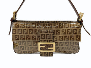 極美品 FENDI フェンディ ズッキーノ柄 マンマバケット ワンショルダーバッグ エナメル レザー ブラウン ベージュ ゴールド金具 中古 4b007627