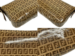 極美品 FENDI フェンディ ズッキーノ柄 マンマバケット ワンショルダーバッグ エナメル レザー ブラウン ベージュ ゴールド金具 中古 4b007627