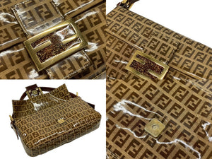 極美品 FENDI フェンディ ズッキーノ柄 マンマバケット ワンショルダーバッグ エナメル レザー ブラウン ベージュ ゴールド金具 中古 4b007627