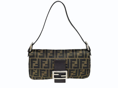 極美品 FENDI フェンディ マンマバケット ワンショルダーバッグ ズッカ柄 キャンバス レザー ブラウン シルバー金具 中古 4b007630