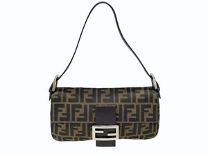 極美品 FENDI フェンディ マンマバケット ワンショルダーバッグ ズッカ柄 キャンバス レザー ブラウン シルバー金具 中古 4b007630