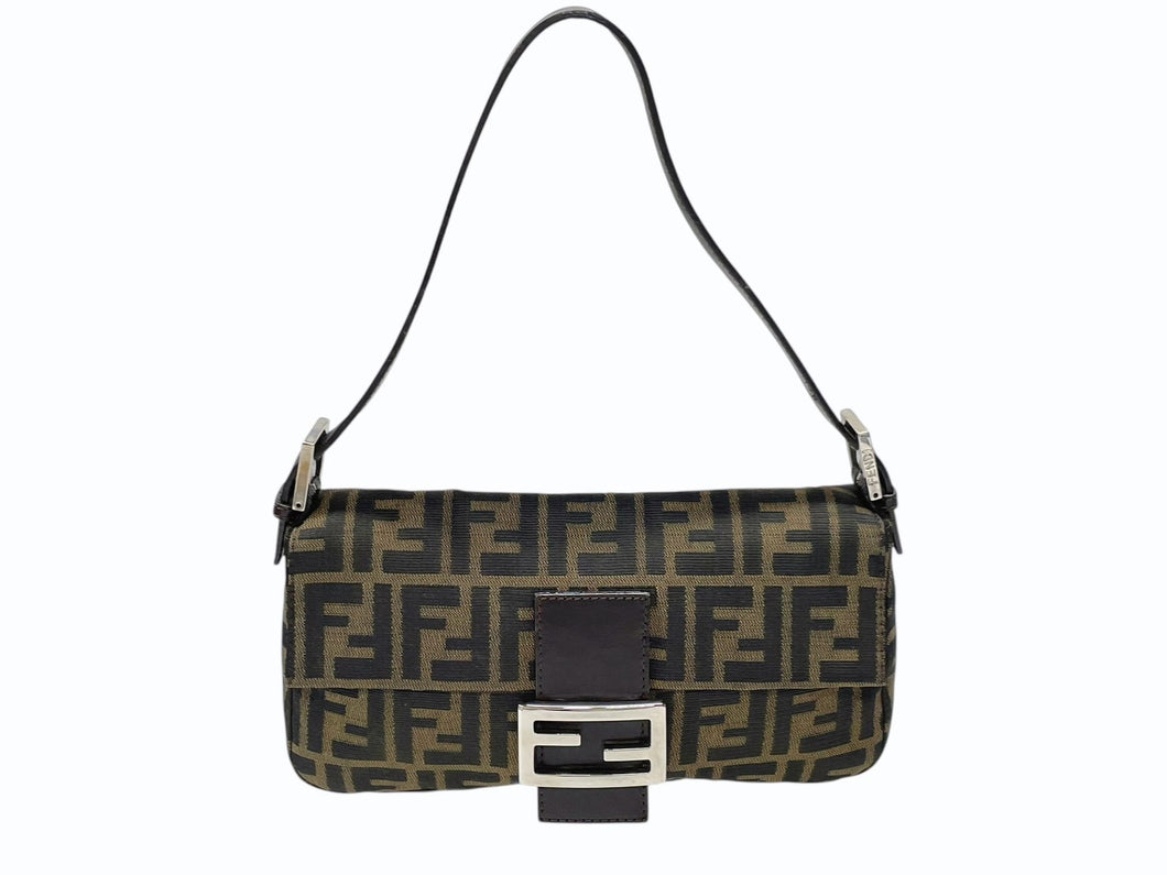 極美品 FENDI フェンディ マンマバケット ワンショルダーバッグ ズッカ柄 キャンバス レザー ブラウン シルバー金具 中古 4b007630