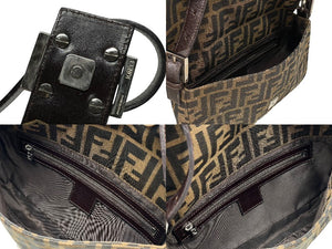 極美品 FENDI フェンディ マンマバケット ワンショルダーバッグ ズッカ柄 キャンバス レザー ブラウン シルバー金具 中古 4b007630