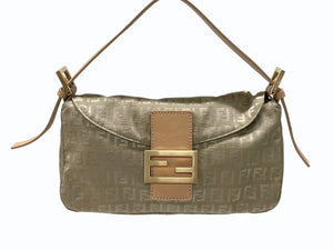 極美品 FENDI フェンディ マンマバケット ズッカ柄 ワンショルダーバッグ キャンバス レザー ベージュ ゴールド金具 中古 4b007631