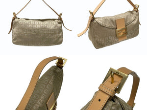 極美品 FENDI フェンディ マンマバケット ズッカ柄 ワンショルダーバッグ キャンバス レザー ベージュ ゴールド金具 中古 4b007631