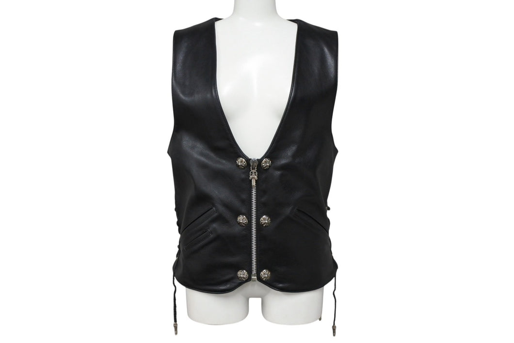極美品 CHROME HEARTS クロムハーツ 6BTN ZIP FRNT VEST レザーベスト サイズM スペシャルオーダー オールドクロス FUCK YOU 中古 4b007635