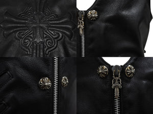 極美品 CHROME HEARTS クロムハーツ 6BTN ZIP FRNT VEST レザーベスト サイズM スペシャルオーダー オールドクロス FUCK YOU 中古 4b007635