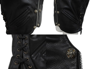 極美品 CHROME HEARTS クロムハーツ 6BTN ZIP FRNT VEST レザーベスト サイズM スペシャルオーダー オールドクロス FUCK YOU 中古 4b007635
