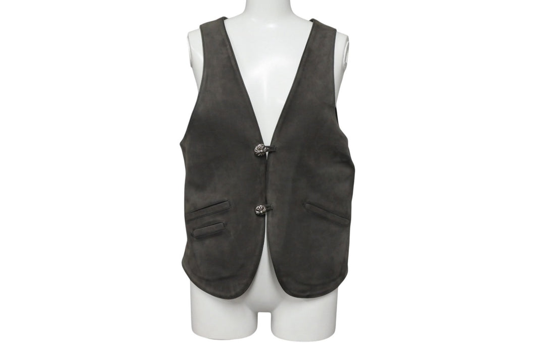 極美品 CHROME HEARTS クロムハーツ CLASSIC 2B SUD VEST クラシック2Bスウェードベスト サイズS クロスボールボタン カーキ系 中古 4b007636