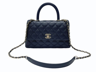 新品同様 CHANEL シャネル トップハンドル フラップバッグ ランダム番台 2WAY ココマーク キャビアスキン ネイビー ゴールド金具 中古 4b007648