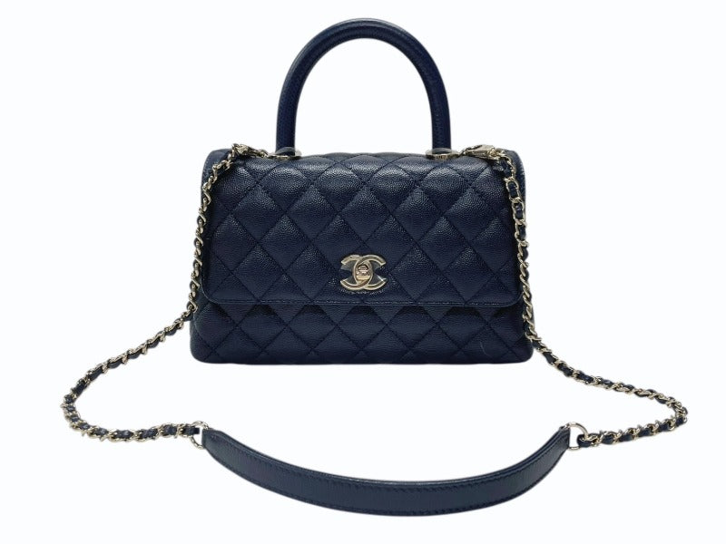 新品同様 CHANEL シャネル トップハンドル フラップバッグ ランダム番台 2WAY ココマーク キャビアスキン ネイビー ゴールド金具 中古 4b007648