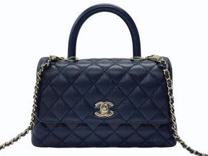 新品同様 CHANEL シャネル トップハンドル フラップバッグ ランダム番台 2WAY ココマーク キャビアスキン ネイビー ゴールド金具 中古 4b007648