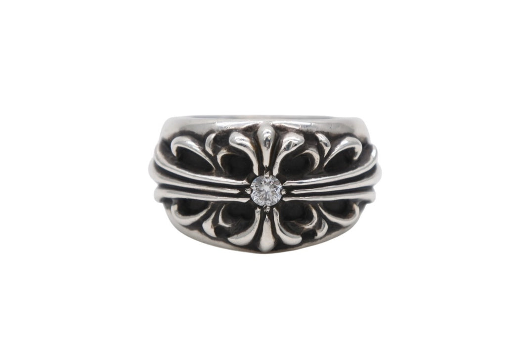 極美品 CHROME HEARTS クロムハーツ FLRLCRS 1DIA フローラルクロス 1ダイヤリング 重量約17.6g サイズ17.5号 シルバー 中古 4b007678