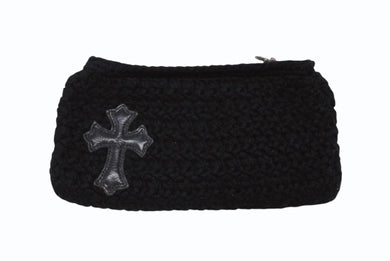 極美品 CHROME HEARTS クロムハーツ ジッパーチェンジ ポーチ クロスパッチ レザー カシミヤ シルバー925 ブラック 中古 4b007681