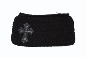 極美品 CHROME HEARTS クロムハーツ ジッパーチェンジ ポーチ クロスパッチ レザー カシミヤ シルバー925 ブラック 中古 4b007681