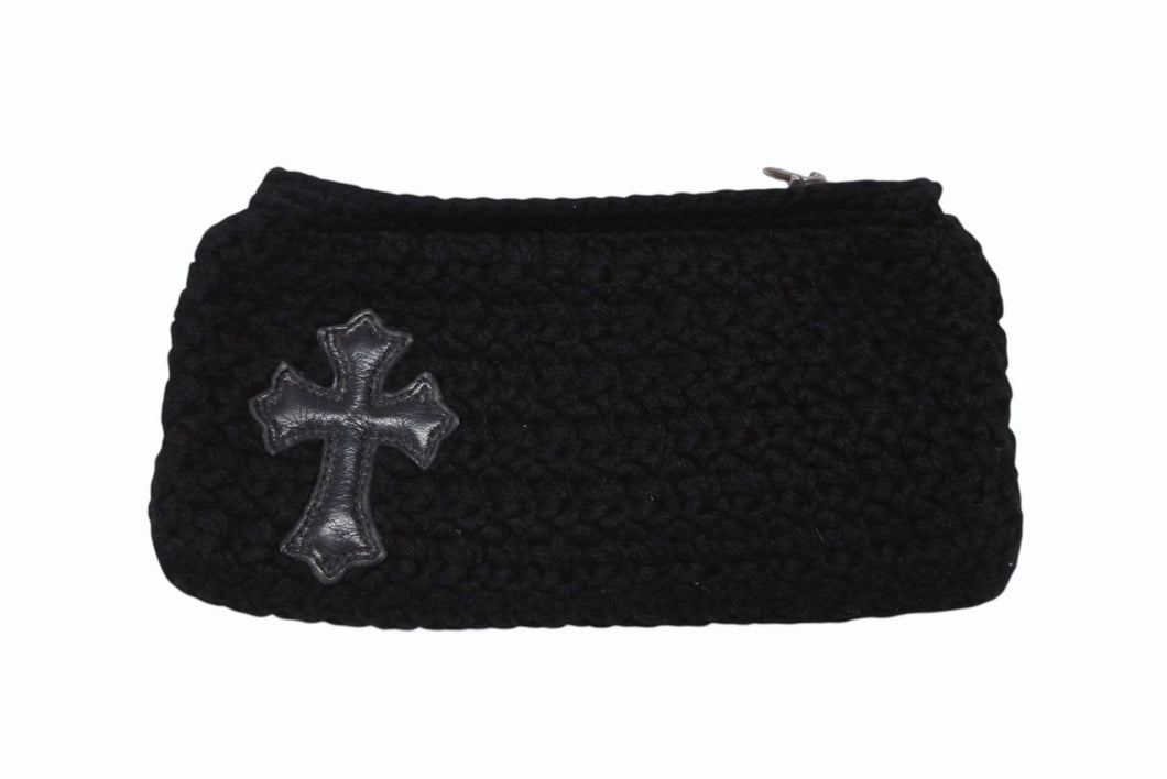 極美品 CHROME HEARTS クロムハーツ ジッパーチェンジ ポーチ クロスパッチ レザー カシミヤ シルバー925 ブラック 中古 4b007681