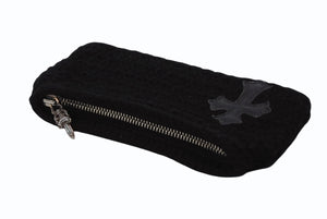 極美品 CHROME HEARTS クロムハーツ ジッパーチェンジ ポーチ クロスパッチ レザー カシミヤ シルバー925 ブラック 中古 4b007681