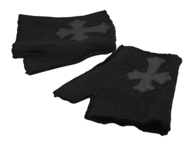CHROME HEARTS クロムハーツ ミッティング フィンガーレスグローブ クロスパッチ 指切り手袋 ブラック カシミヤ レザー 美品 中古 4b007713