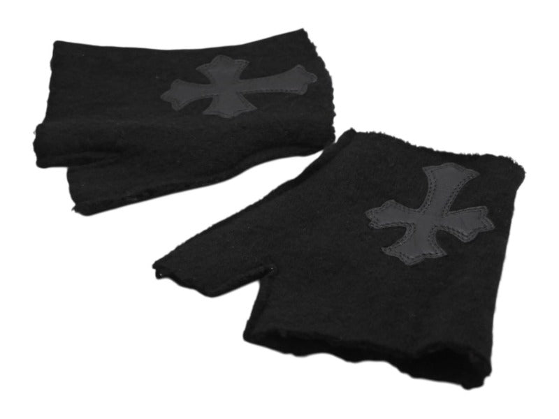 CHROME HEARTS クロムハーツ ミッティング フィンガーレスグローブ クロスパッチ 指切り手袋 ブラック カシミヤ レザー 美品 中古 4b007713