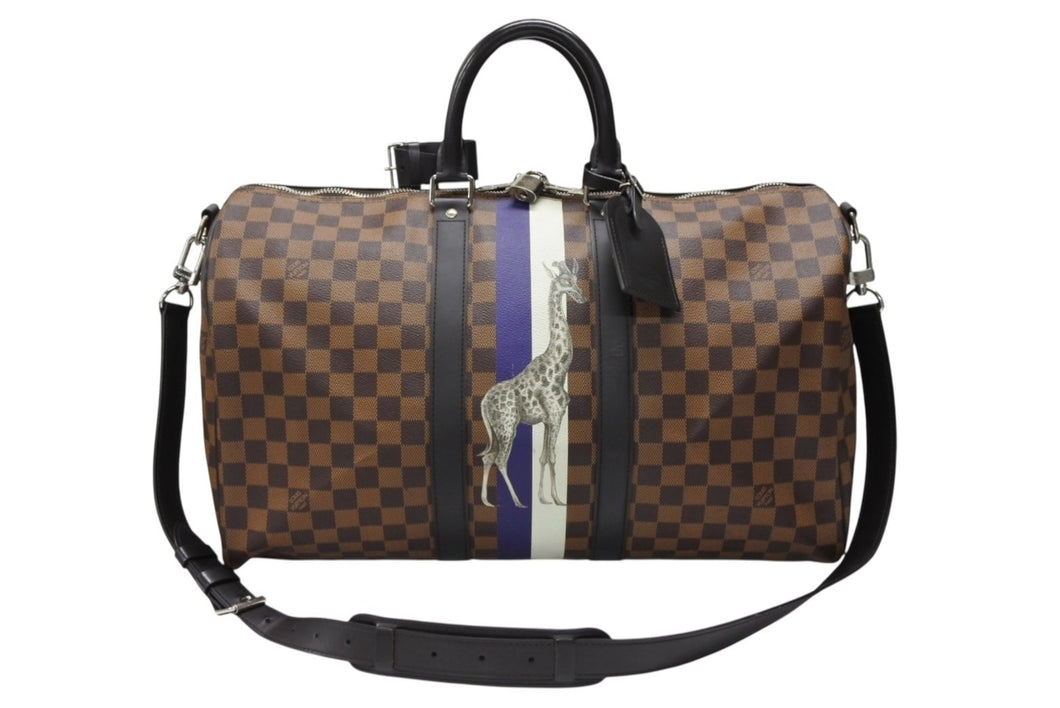 LOUIS VUITTON ルイヴィトン ボストン バッグ キーポル バンドリエール 45 チャップマン ブラザーズ ダミエ キャンバス ブラウン N42700 PVC レザー シルバー金具 美品 中古 4b007725