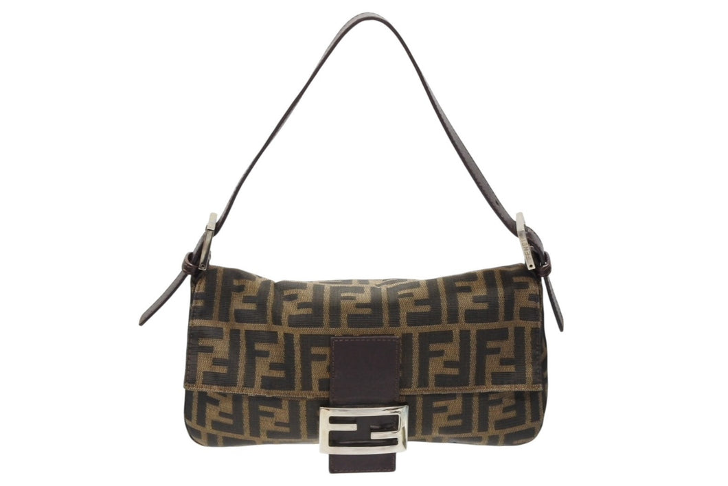 FENDI フェンディ マンマバケット ワンショルダーバッグ 2211-26424-008 ズッカ柄 キャンバス レザー ブラウン シルバー金具 美品 中古 4b007738