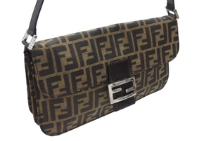 極美品 FENDI フェンディ マンマバケット ワンショルダーバッグ キャンバス レザー ブラウン シルバー金具 中古 4b007745