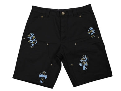 以前同様 CHROME HEARTS クロムハーツ セントバース限定 デニムクロスパッチ ダブルニーハーフパンツ サイズ34 シルバー925 ハラコ コットン 中古 4b007769 