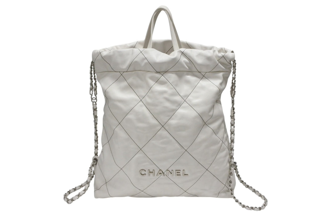 CHANEL シャネル CHANEL22 チェーンショルダーリュック ラージ 2WAY AS3313 ランダム番台 カーフ ココマーク ホワイト 美品 中古 4b007871