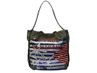 極美品 CHANEL シャネル クルーズライン LA HABANA ハバナ チェーンワンショルダーバッグ A93674 23番台 スパンコール カーキ 中古 4b007881