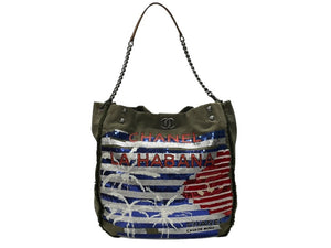 極美品 CHANEL シャネル クルーズライン LA HABANA ハバナ チェーンワンショルダーバッグ A93674 23番台 スパンコール カーキ 中古 4b007881
