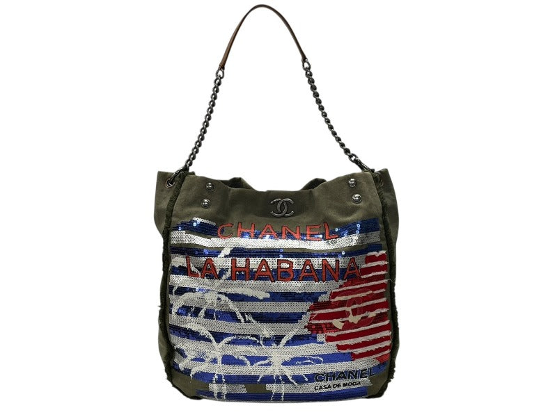 極美品 CHANEL シャネル クルーズライン LA HABANA ハバナ チェーンワンショルダーバッグ A93674 23番台 スパンコール カーキ 中古 4b007881