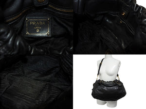 PRADA プラダ ギャザー 2WAYバッグ ハンドバッグ ショルダーバッグ カーフレザー ブラック ゴールド金具 美品 中古 4b007894