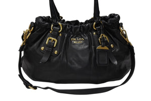PRADA プラダ ギャザー 2WAYバッグ ハンドバッグ ショルダーバッグ カーフレザー ブラック ゴールド金具 美品 中古 4b007894
