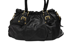 PRADA プラダ ギャザー 2WAYバッグ ハンドバッグ ショルダーバッグ カーフレザー ブラック ゴールド金具 美品 中古 4b007894